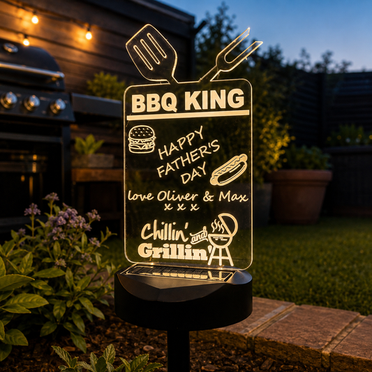 Personalised Solar LED Garden Sign – Gift for Dad or Grandad – BBQ, Beer, Darts & Garden Designs
