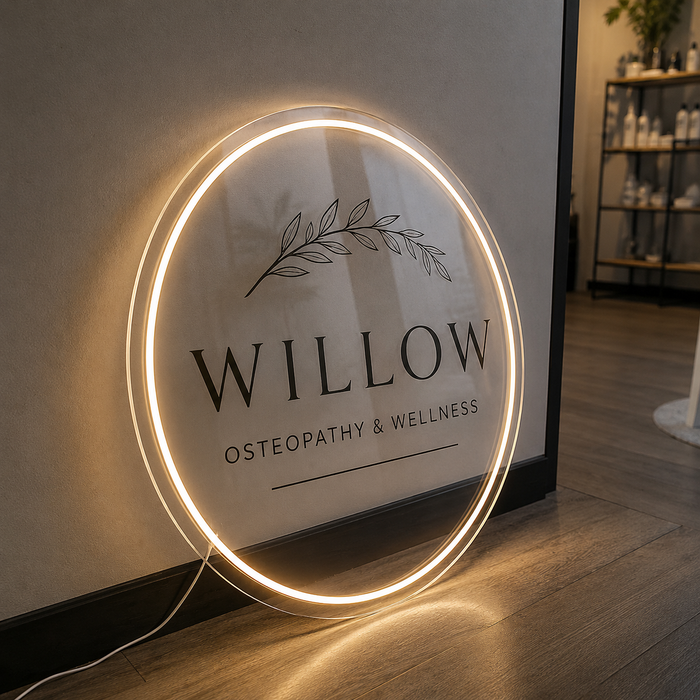 Personalised Illuminated Salon Logo Sign – Round Acrylic LED Wall Sign for Beauty Salon, Clinic, Hair Studio & Aesthetics Reception
