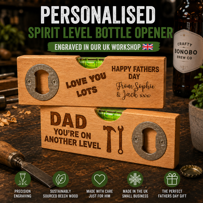 Personalised Father’s Day Spirit Level Bottle Opener – Custom Engraved Gift for Dad, Grandad or Stepdad