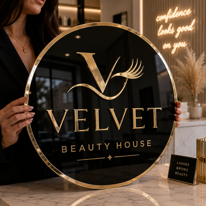 Personalised Circular Business Logo Sign – Gold Mirror on Gloss Black Acrylic | Salon | Beauty | Clinic