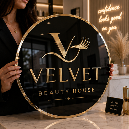Personalised Circular Business Logo Sign – Gold Mirror on Gloss Black Acrylic | Salon | Beauty | Clinic
