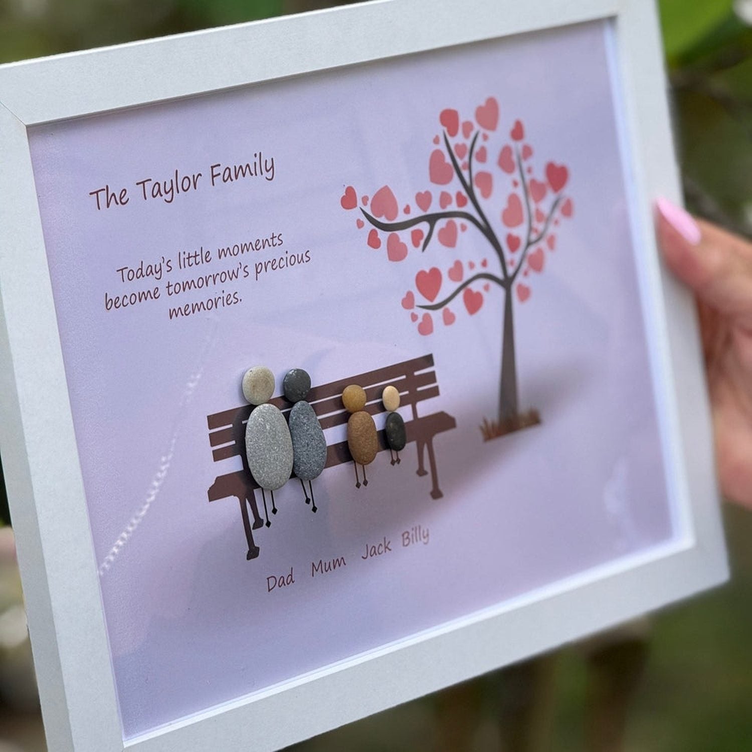 Personalised Family Pebble Art – “Precious Moments” Pink Tree Bench Frame The Crafty Bonobo 3