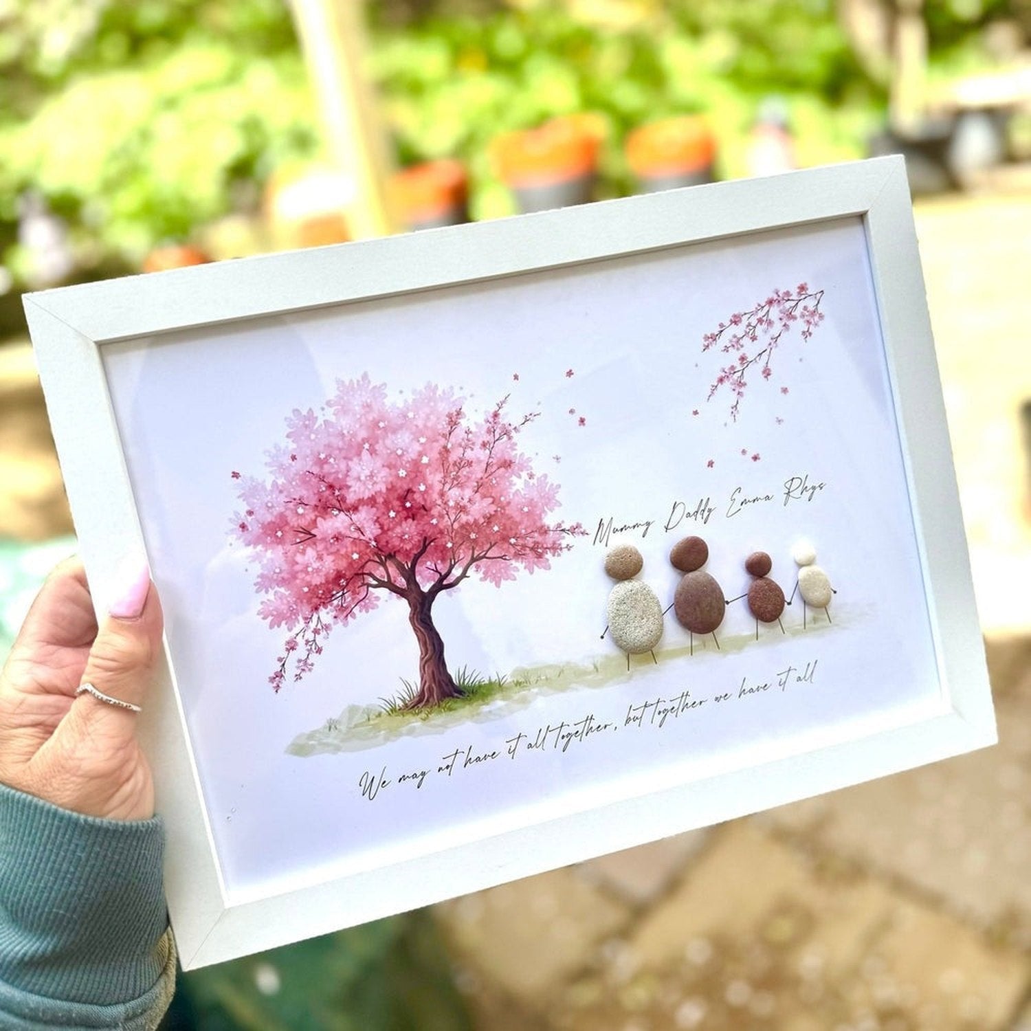 Personalised Family Pebble Art – “Together We Have It All” Cherry Blossom Tree Frame The Crafty Bonobo 2