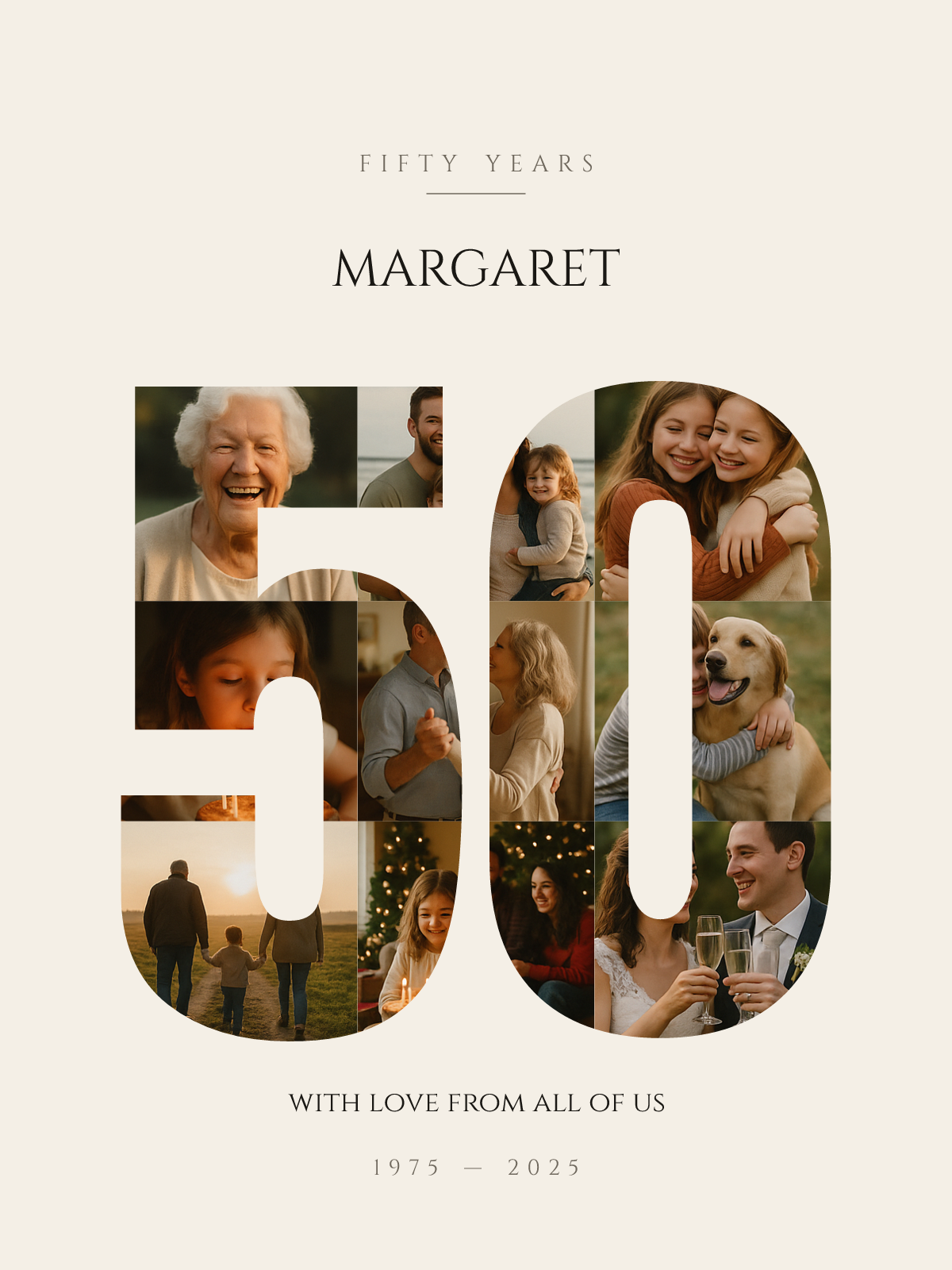 The artwork — your photos set inside the number, on a bone background