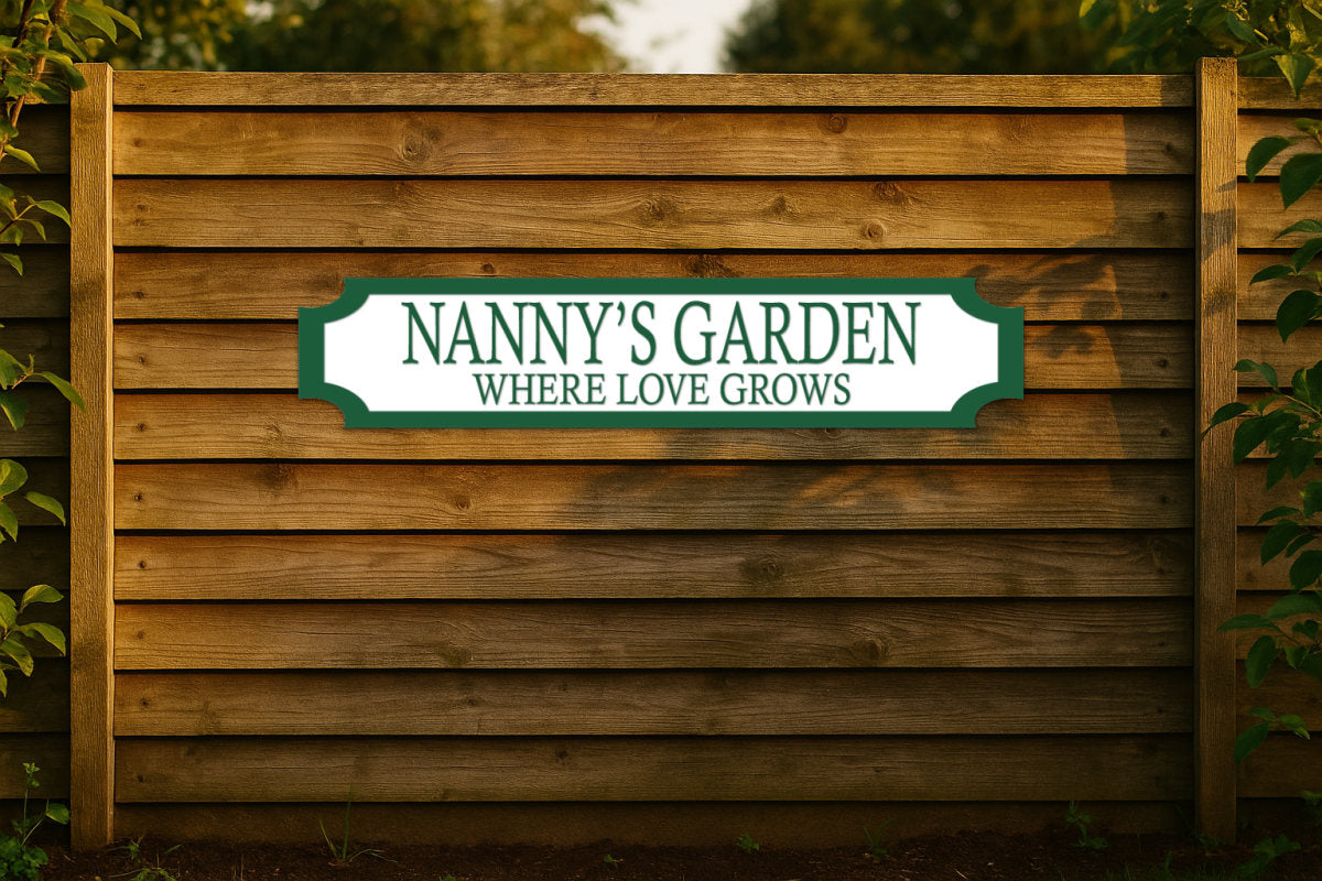 NANNY'S GARDEN · WHERE LOVE GROWS — personalised 3D street sign, shown in place