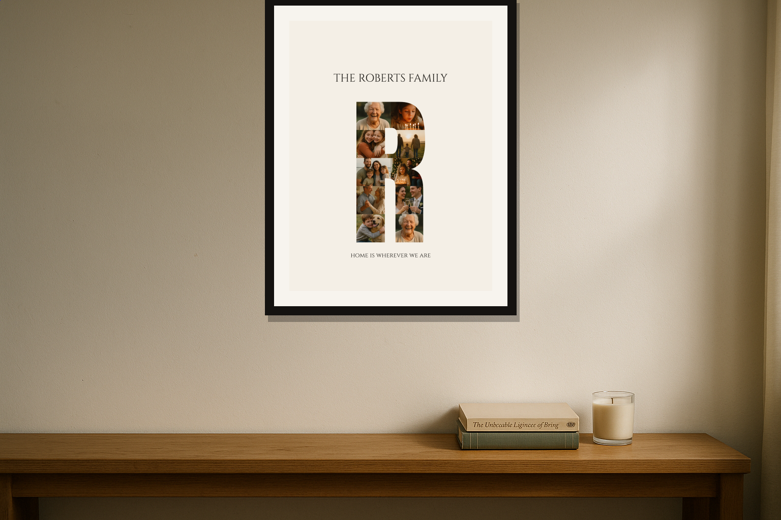 Framed personalised photo collage print on a wall