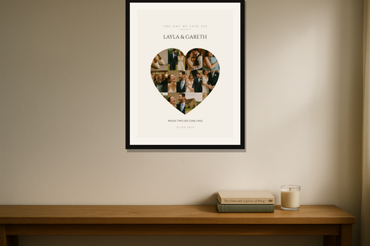Framed personalised photo collage print on a wall
