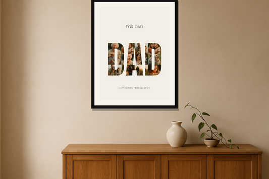 Framed personalised photo collage print on a wall