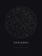 Star map print — the night sky over Cardiff on 14 June 2019, with names and a message
