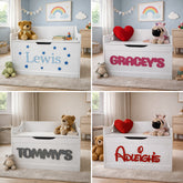 Personalised wooden toy box — any name, any colour: four examples in blue, pink, grey and red