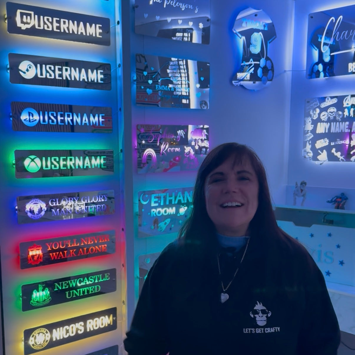 The showroom wall of personalised LED name signs