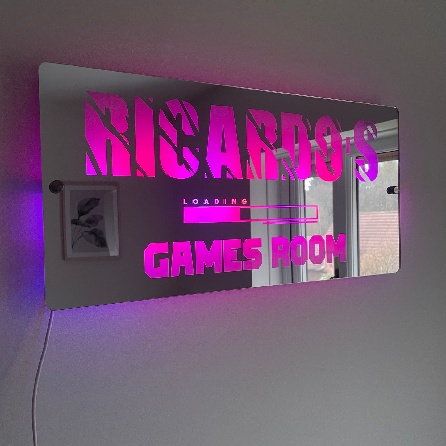 Personalised Games Room LED Name Mirror with remote | LED Light Sign Bedroom Mirror