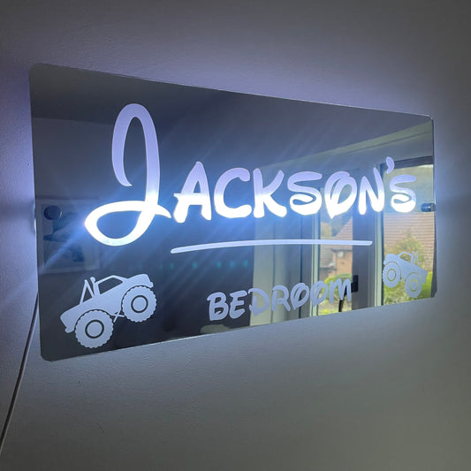 Personalised Monster Truck LED Name Mirror with remote | LED Light Sign Bedroom Mirror