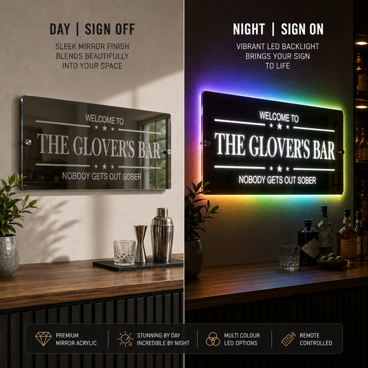 Personalised LED Bar Sign with remote | Light-Up Man Cave Mirror Sign