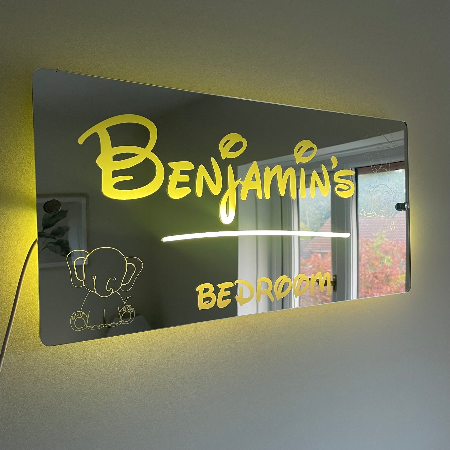 Personalised Teddie LED Name Mirror with remote | LED Light Sign Bedroom Mirror