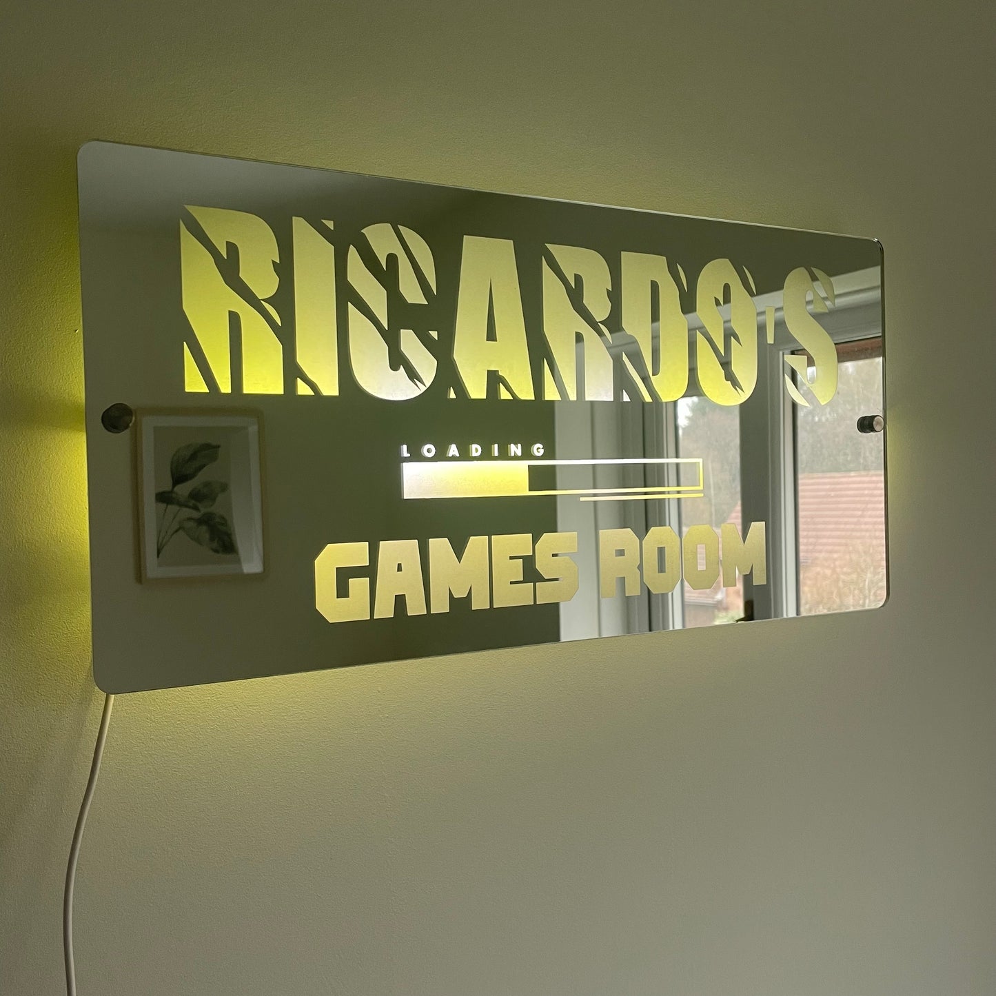 Personalised Games Room LED Name Mirror with remote | LED Light Sign Bedroom Mirror