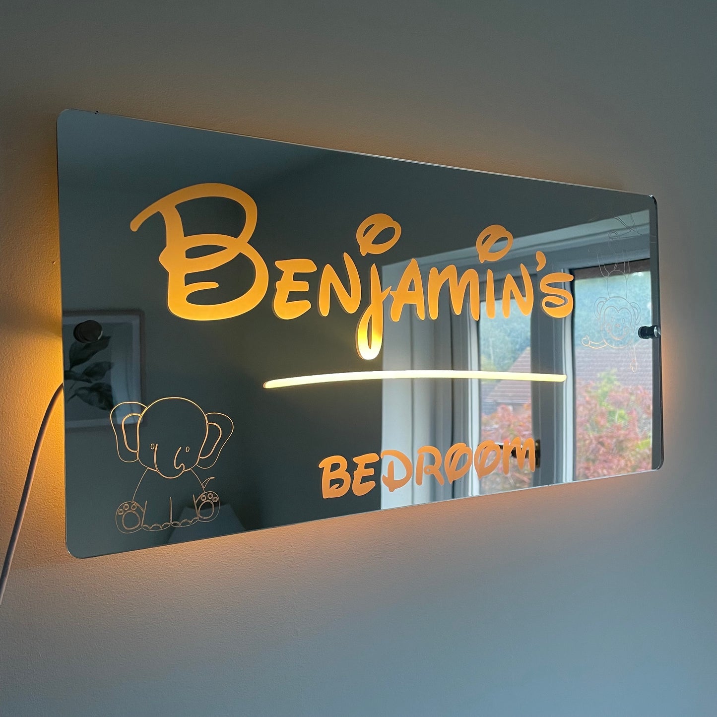 Personalised Teddie LED Name Mirror with remote | LED Light Sign Bedroom Mirror