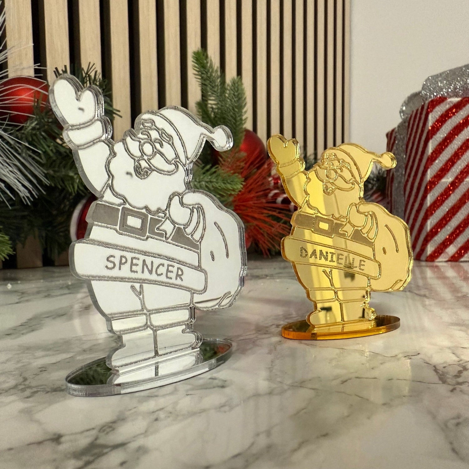 Personalised Santa Place Setting / Standing Ornament – Gold or Silver Mirror The Crafty Bonobo 1
