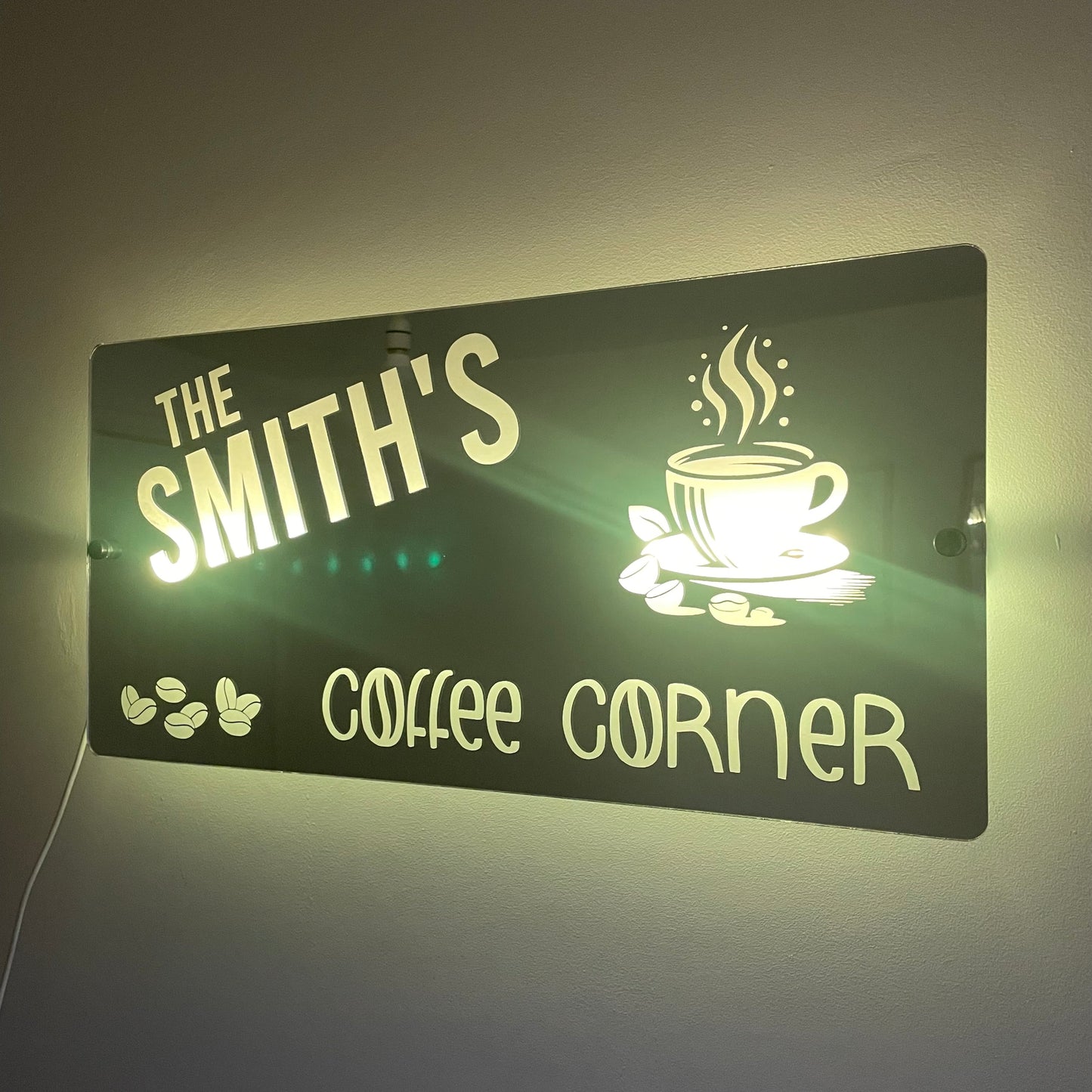 Personalised Coffee Corner LED Mirror Sign – Custom Family Name Café Décor