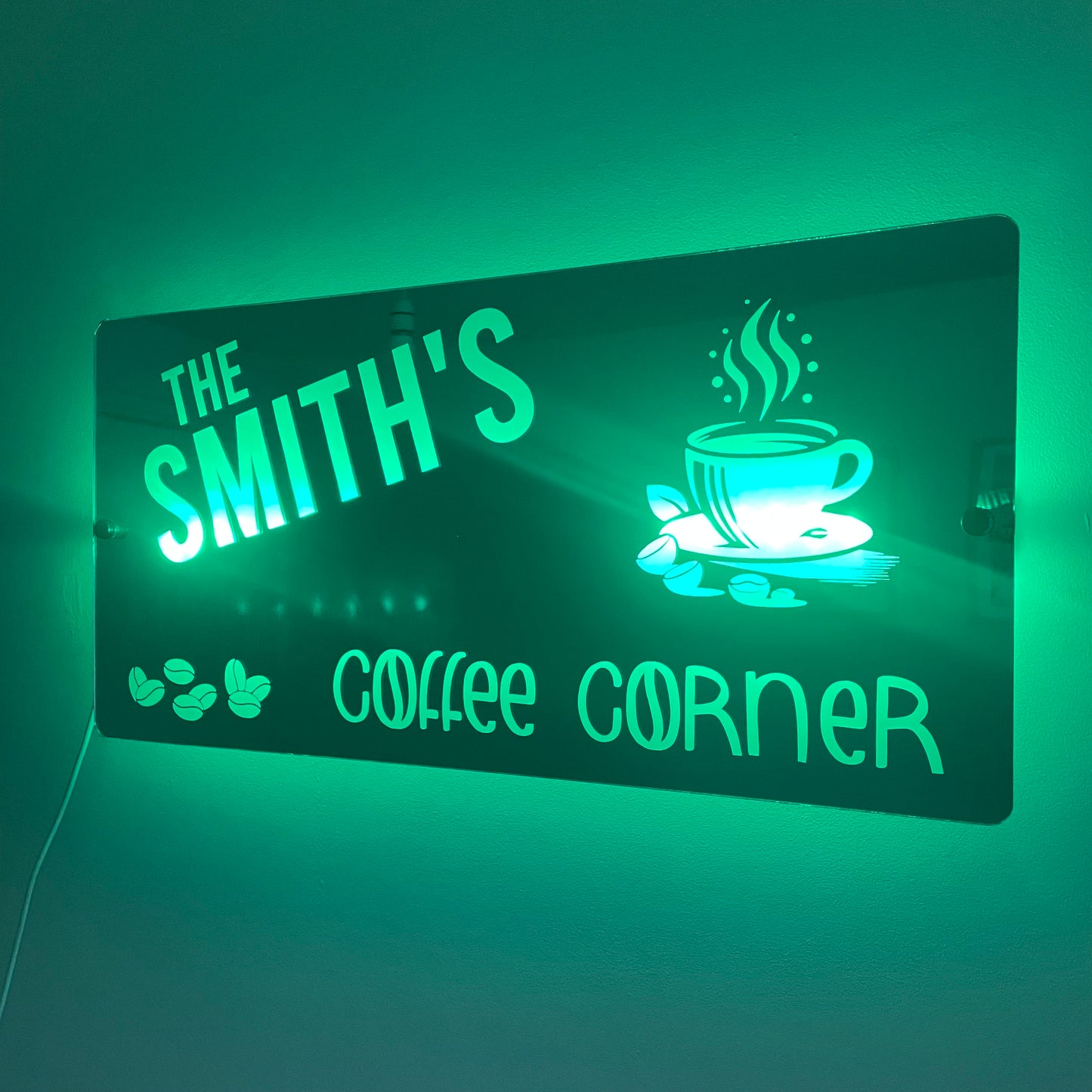 Personalised Coffee Corner LED Mirror Sign – Custom Family Name Café Décor