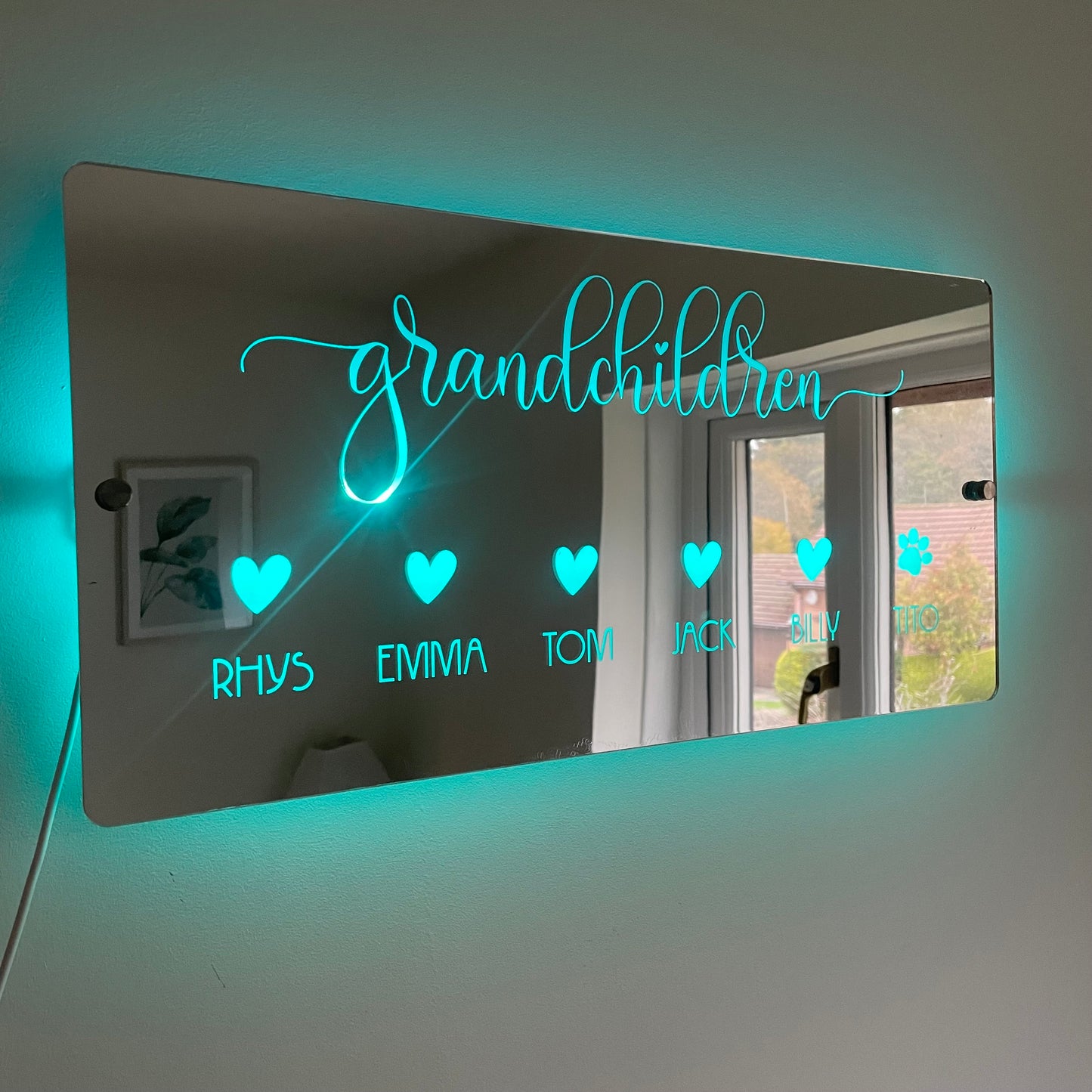 Personalised LED Grandchildren Name Mirror with remote | LED Light Sign | Gift Ideas For Grandparents