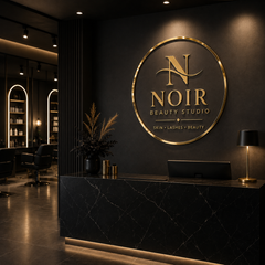 Personalised Circular Business Logo Sign – Gold Mirror on Gloss Black Acrylic | Salon | Beauty | Clinic