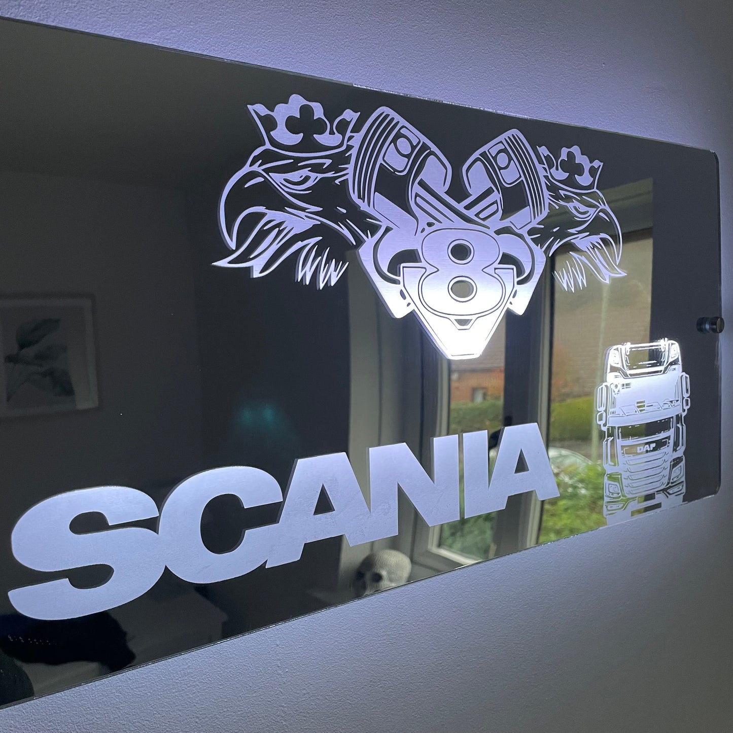 Scania V8 LED Mirror Sign – Custom Truck Wall Decor with USB Lighting