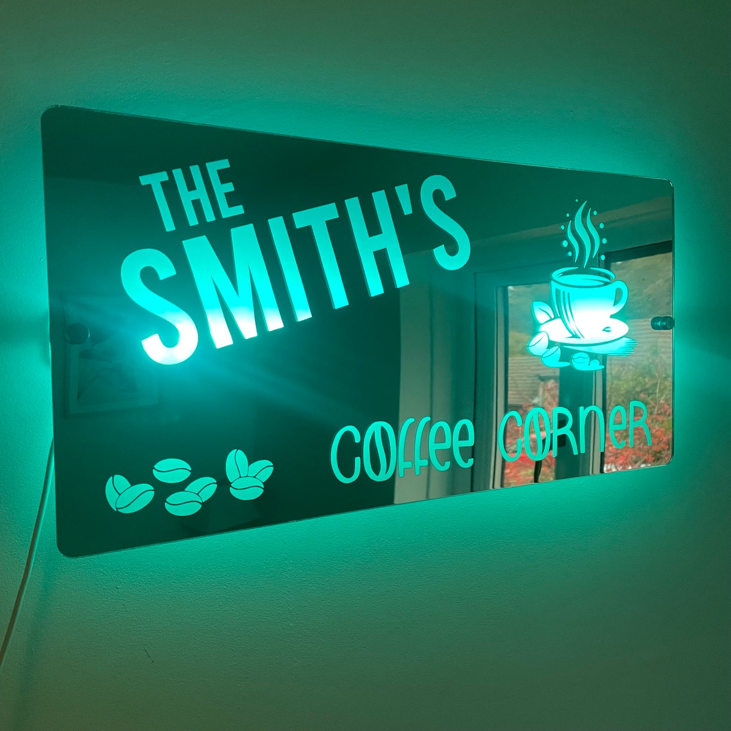 Personalised Coffee Corner LED Mirror Sign – Custom Family Name Café Décor