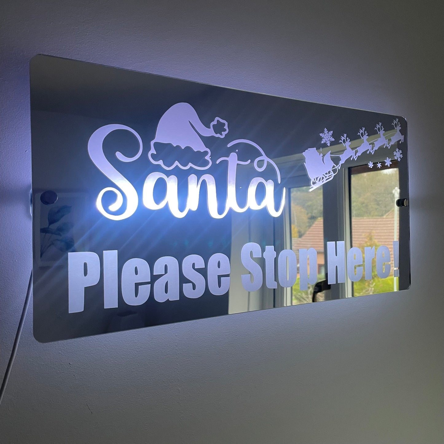 Santa Please Stop Here LED Mirror with remote | LED Light Sign Mirror | Christmas Decor