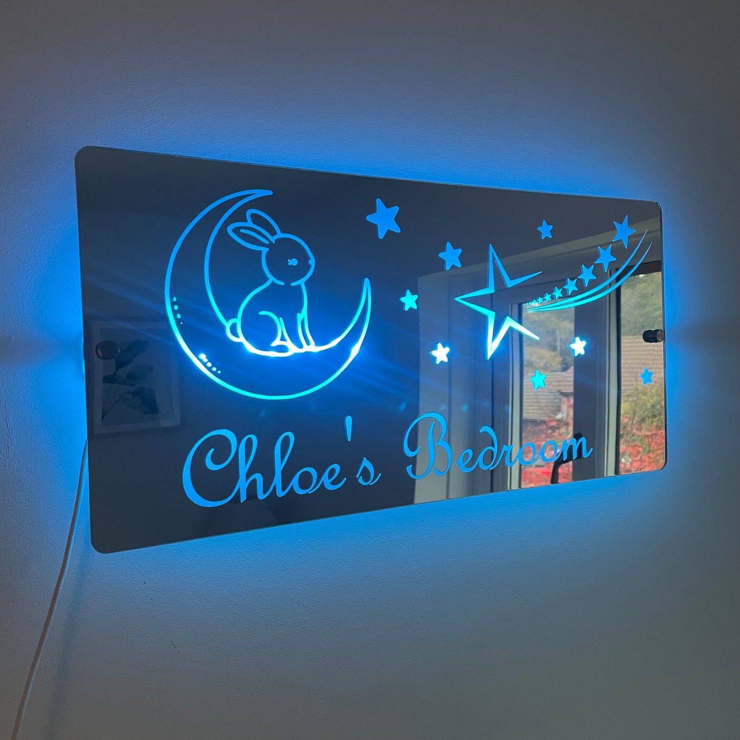 Personalised Bunny and Moon LED Mirror Sign – Custom Kid’s Bedroom Décor