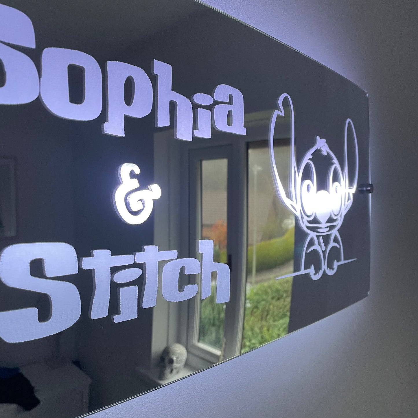 Personalised LED Mirror Sign – "Any name & Stitch" Design with USB Lighting - Lilo & Stitch