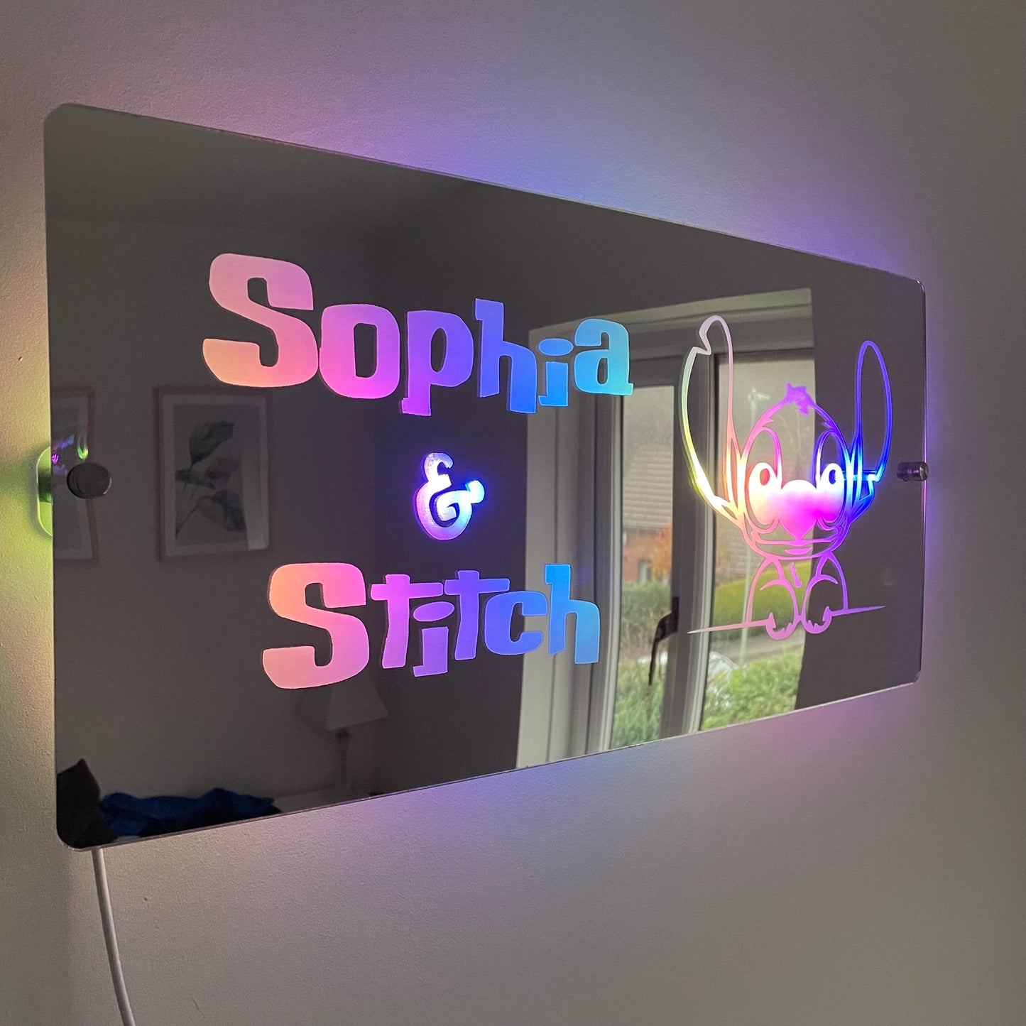 Personalised LED Mirror Sign – "Any name & Stitch" Design with USB Lighting - Lilo & Stitch