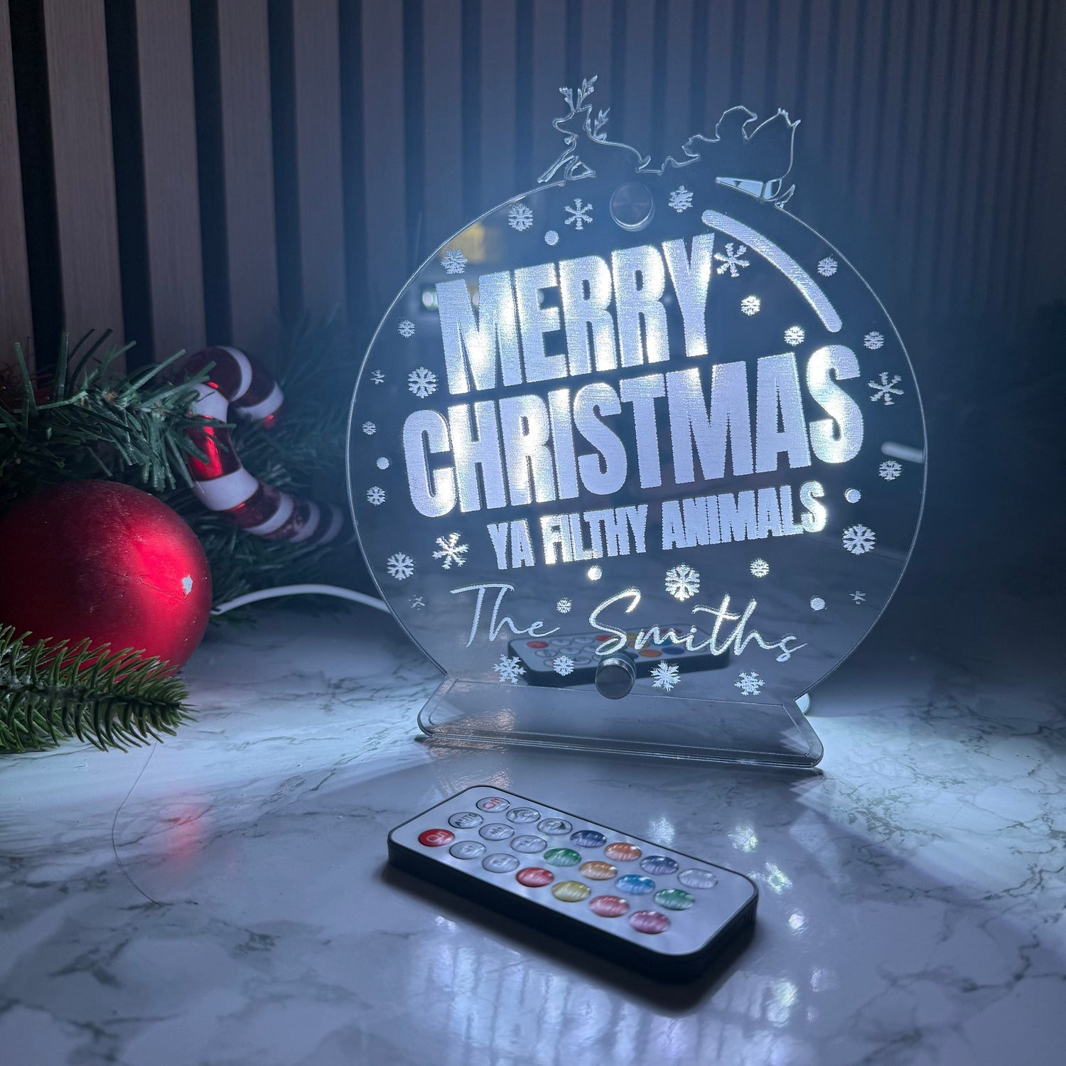 Personalised Christmas LED Globe Sign – “Merry Christmas Ya Filthy Animals” – Custom Family Name The Crafty Bonobo 1