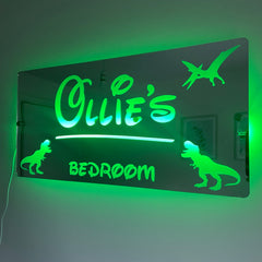 Personalised Dinosaur LED Name Mirror | LED Light Sign Bedroom Mirror with remote