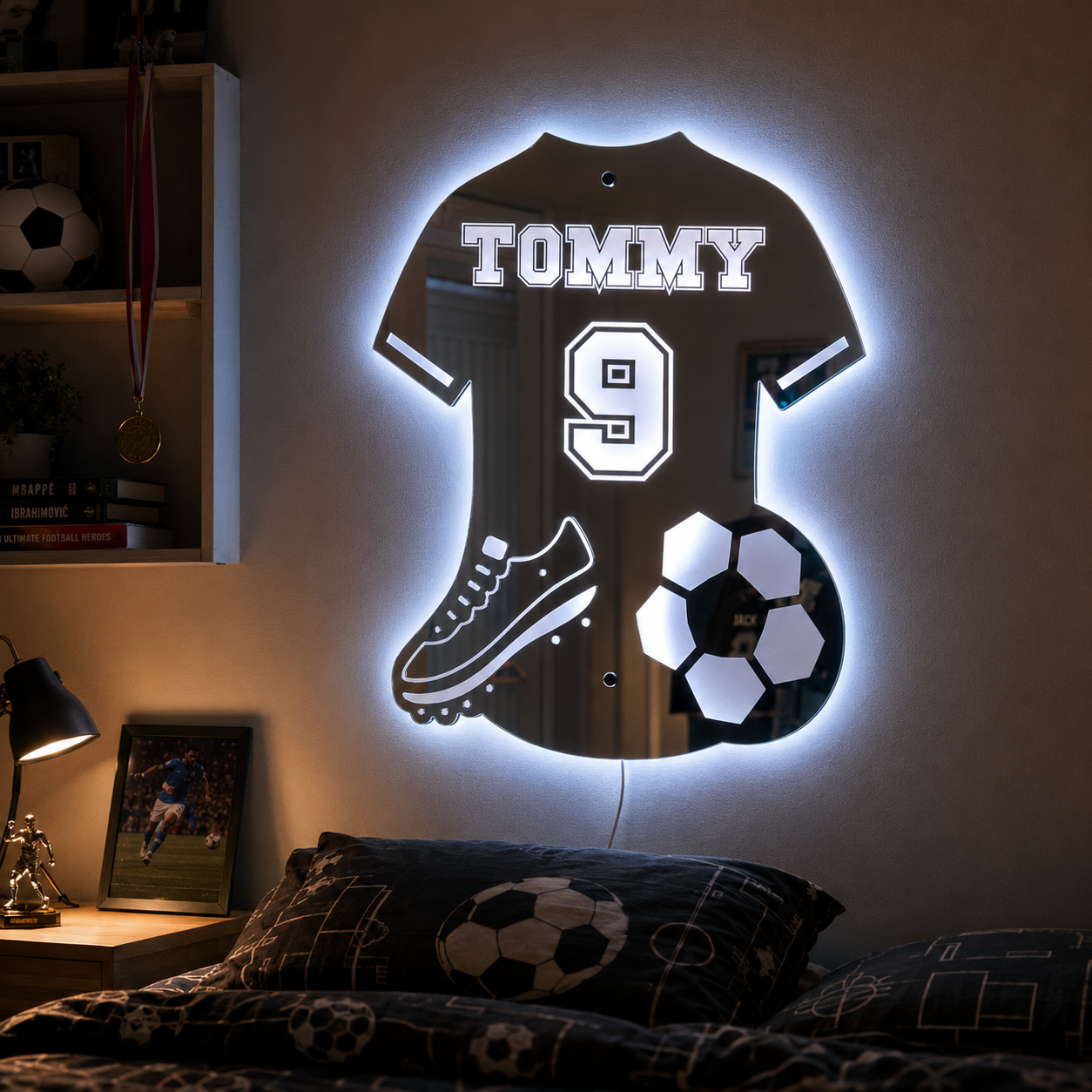 Personalised LED Football Shirt Mirror – Custom Decor for Young Football Fans