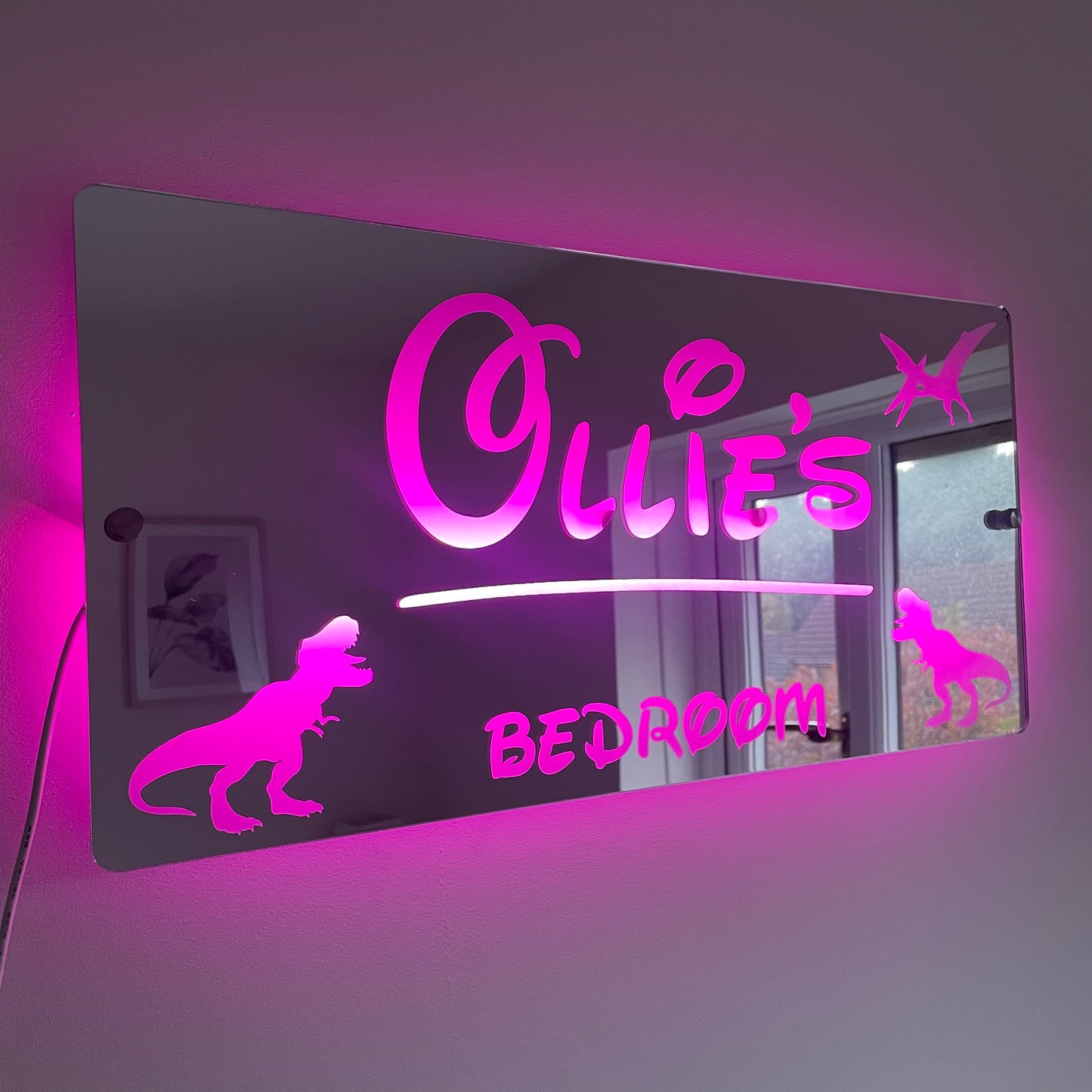 Personalised Dinosaur LED Name Mirror | LED Light Sign Bedroom Mirror with remote