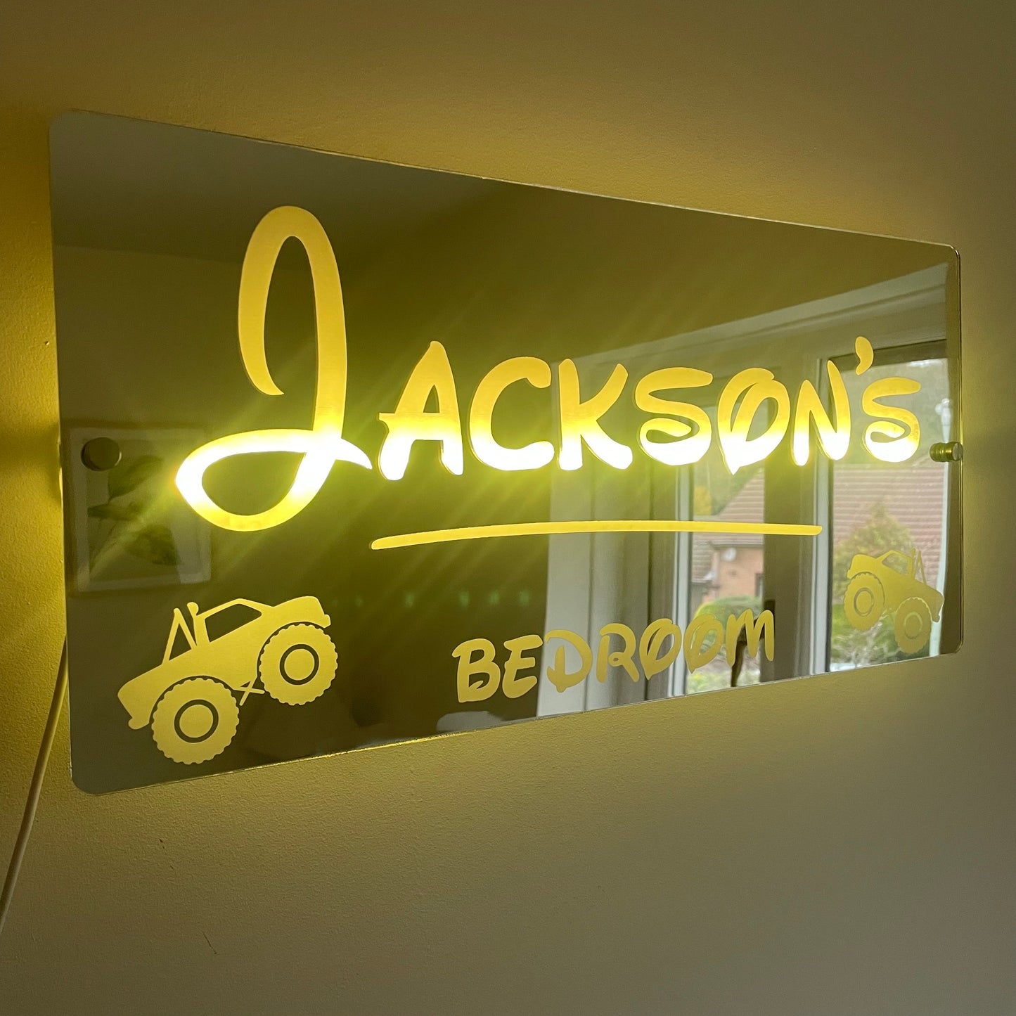 Personalised Monster Truck LED Name Mirror with remote | LED Light Sign Bedroom Mirror