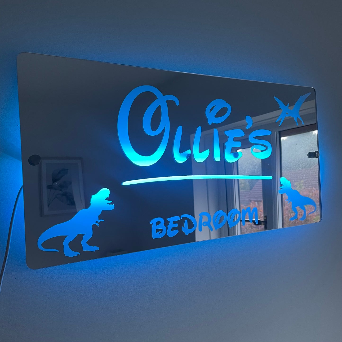 Personalised Dinosaur LED Name Mirror | LED Light Sign Bedroom Mirror with remote