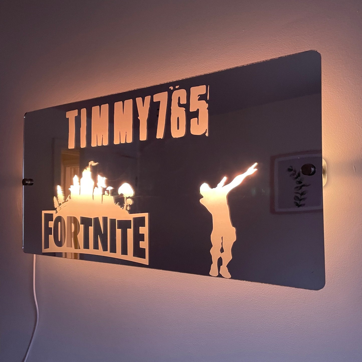 Personalized Fortnite LED Bedroom Mirror Sign – Custom Gamer Tag Wall Light with USB Power