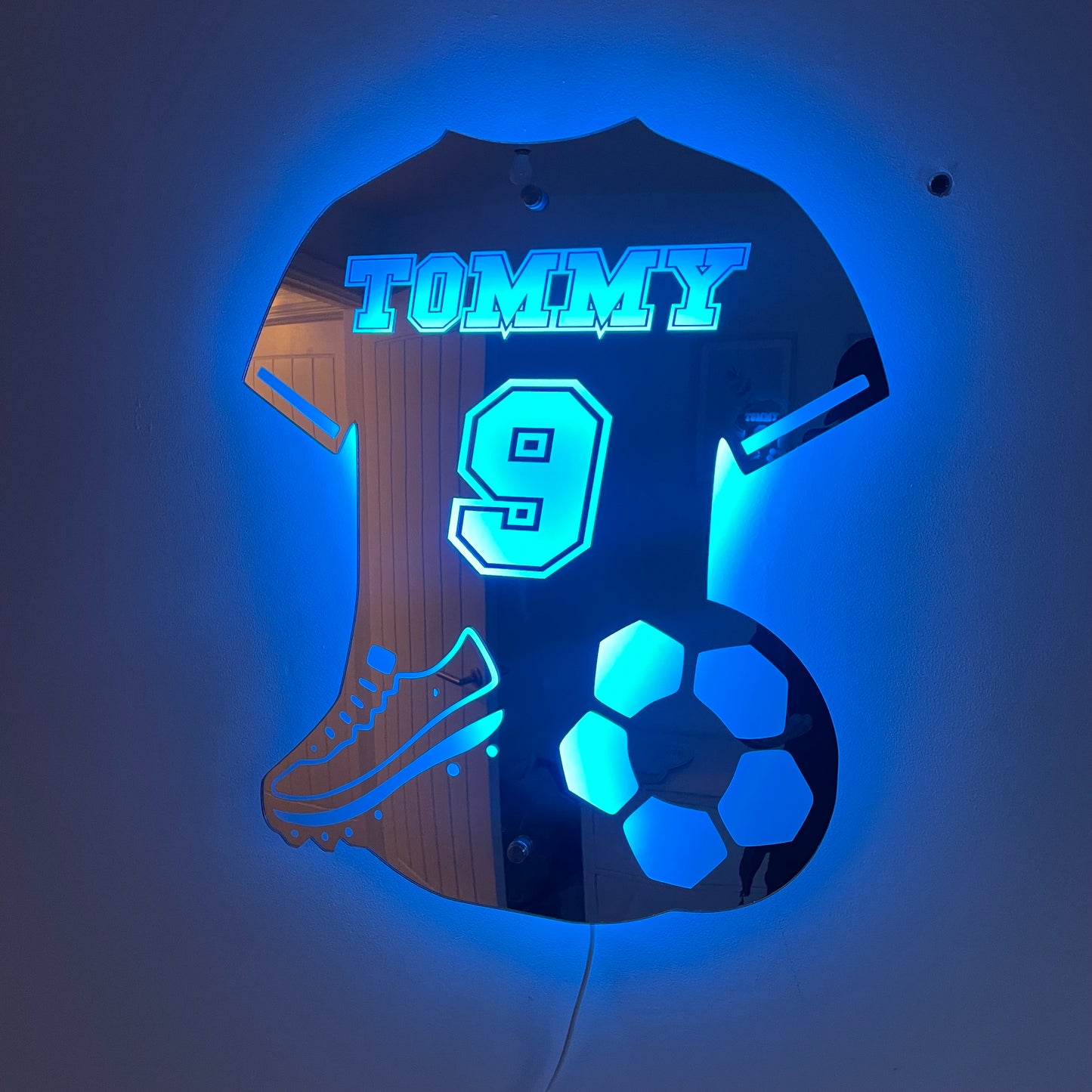 Personalised LED Football Shirt Mirror – Custom Decor for Young Football Fans