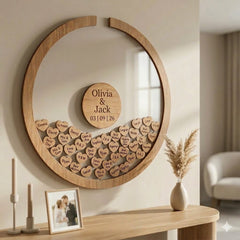 Personalised Round Wedding Guest Book Drop Box – Wooden Heart Memory Frame