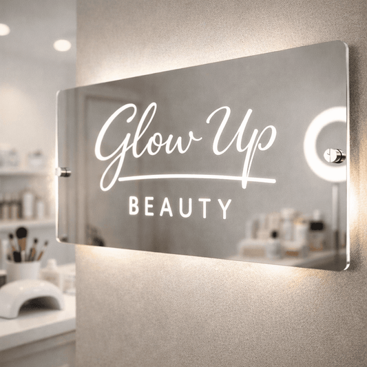 Personalised LED Salon Mirror Sign – Custom Light-Up Business Name Sign for Hairdresser, Nail Tech, Lash Artist or Beauty Room Decor The Crafty Bonobo LED Mirror Sign 1