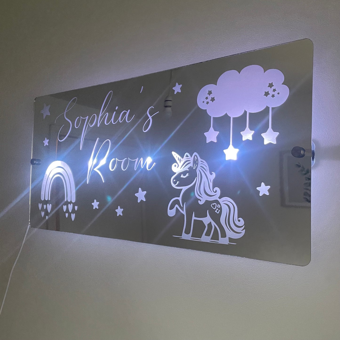 Personalised LED Name mirror | Unicorn & Rainbow theme | LED Light Sign Bedroom Mirror with remote