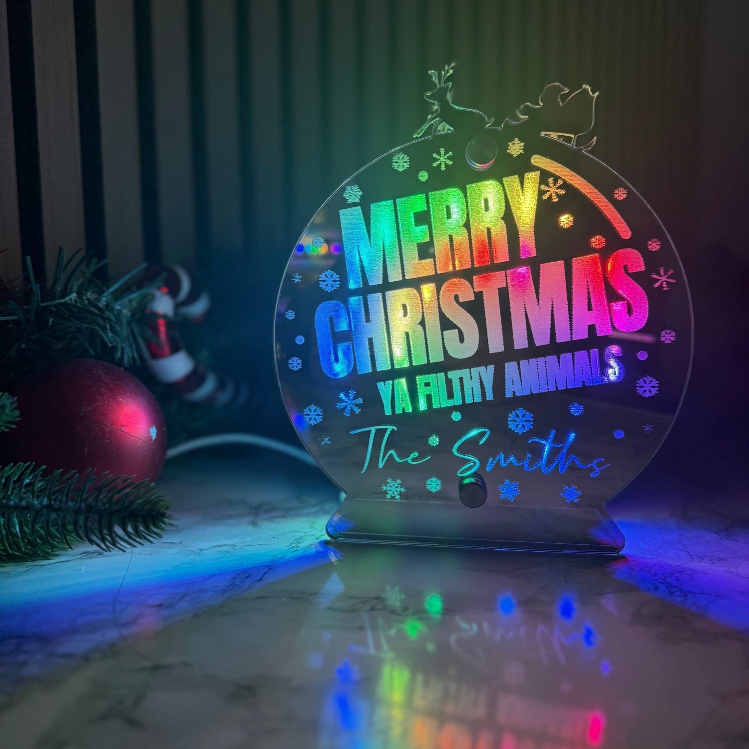 Personalised Christmas LED Globe Sign – “Merry Christmas Ya Filthy Animals” – Custom Family Name The Crafty Bonobo 2