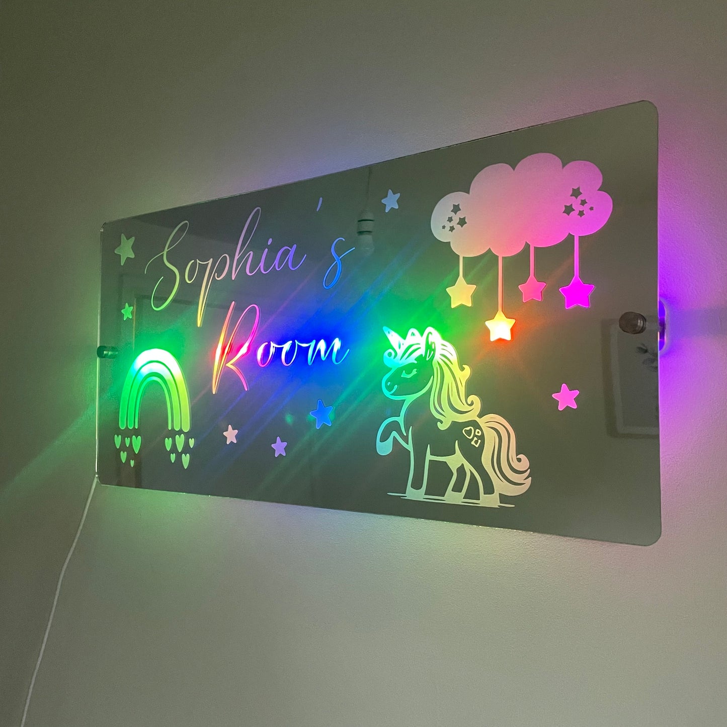 Personalised LED Name mirror | Unicorn & Rainbow theme | LED Light Sign Bedroom Mirror with remote