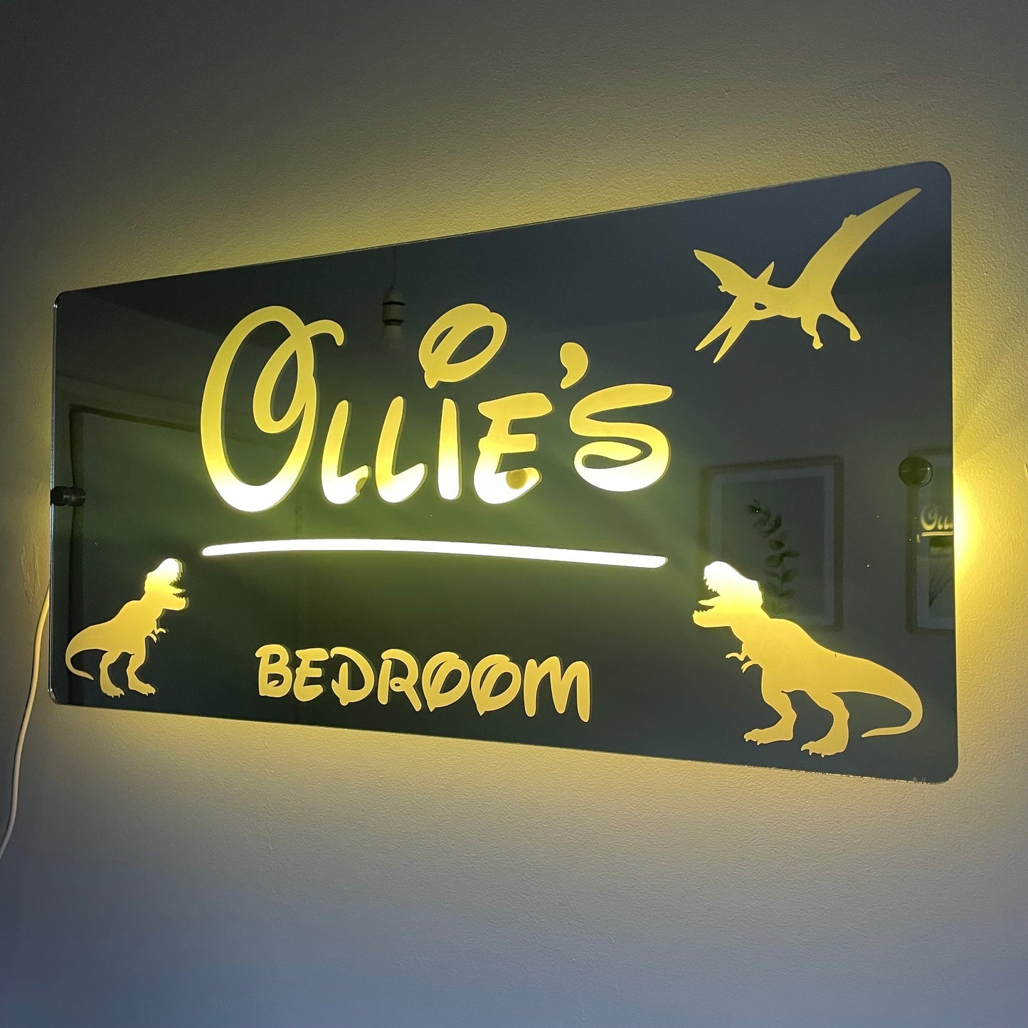 Personalised Dinosaur LED Name Mirror | LED Light Sign Bedroom Mirror with remote