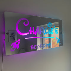 Personalised Rocket LED Name Mirror with remote | LED Light Sign Bedroom Mirror