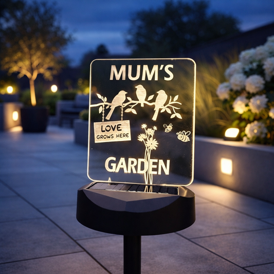 Personalised Mum’s Garden Solar Light – Engraved “Love Grows Here” Garden Plaque