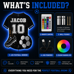 Personalised LED Football Shirt Mirror – Custom Decor for Young Football Fans