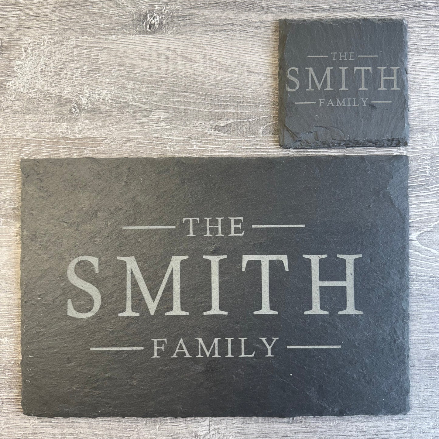 Personalised Slate Placemats & Coasters – Custom Engraved Natural Slate Tableware – Family Name, Wedding & Housewarming Gift – Set of 4 or 6 – Rustic Drink Coasters & Dining Mats